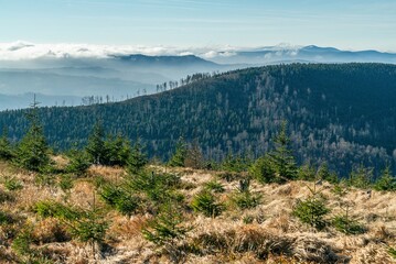 Polish mountains in Silesia Beskid in Szczyrk. Skrzyczne hill inPoland in autumn, fall season aerial drone photo