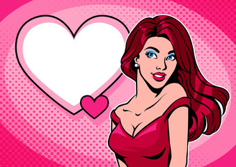 Woman in dress and empty heart shaped speech bubble.  Valentine's Day concept. Pop art vector illustration.