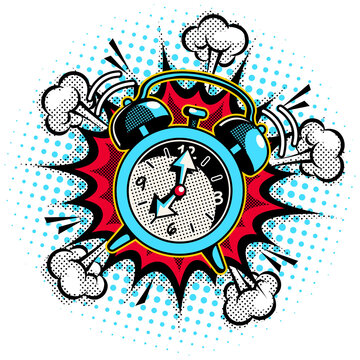Alarm clock ringing in pop art style. Isolated on a white background. Vector comic illustration.