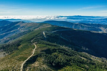 Polish mountains in Silesia Beskid in Szczyrk. Skrzyczne hill inPoland in autumn, fall season aerial drone photo