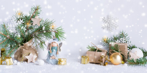 Fototapeta na wymiar Christmas decorations on white background