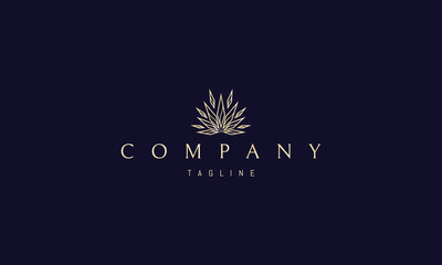 Vector golden logo on which an abstract image of sharp cannabis leaves with a shine effect.
