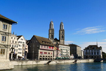 Naklejka premium Grossmünster in Zürich on a sunny day, Switzerland