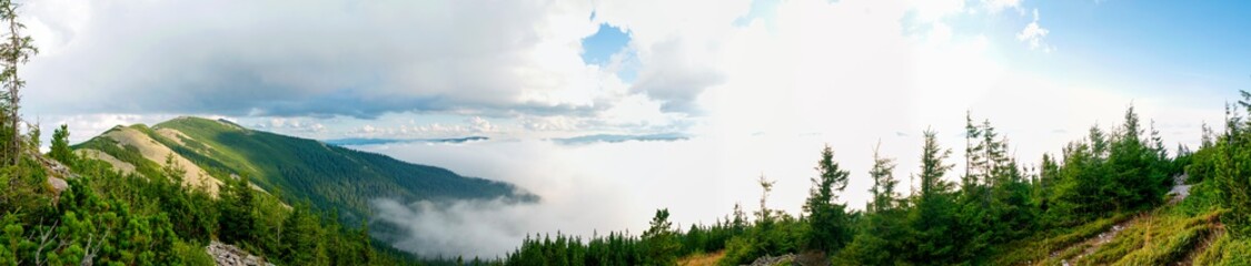 Mountain valley village landscape. Mountain valley village panorama. Mountain green valley village view