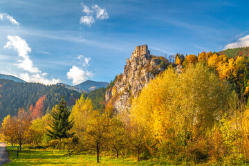 Medieval castle Strecno in the autumn mountain landscape, Slovakia, Europe.