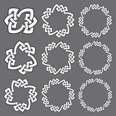 Set of round frames. Nine decorative elements for logo design with stripes braiding borders. White lines with black strokes on gray background.