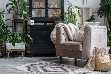 Comfortable armchair with cushion in living room