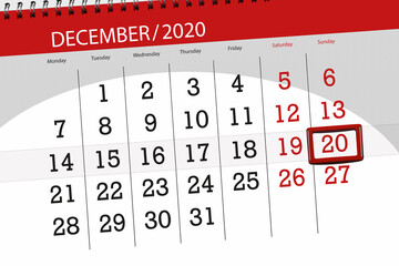 Calendar planner for the month december 2020, deadline day, 20, sunday