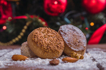 traditional christmas powders on rustic wood with ornaments