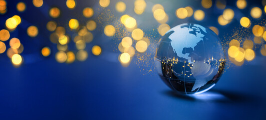 New year 2024 background with golden lights and blue globe of  america - usa, canada and south...