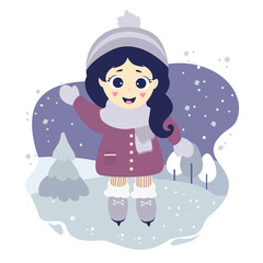 Winter sport. Cute beautiful girl ice skating on a blue decorative background with a winter landscape, trees and snow. Vector illustration. Isolated. Childrens collection. Flat design