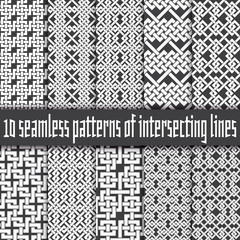 Vector set of abstract seamless patterns. Ten swatches of white intertwined lines on black backgrounds.
