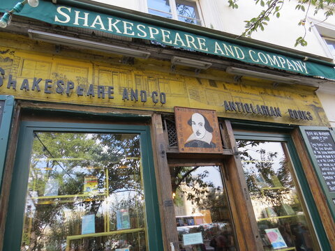 Paris, France - October 13, 2015: Entrance to the world famous bookstore Shakespeare and Company in the Latin Quarter of Paris, France.