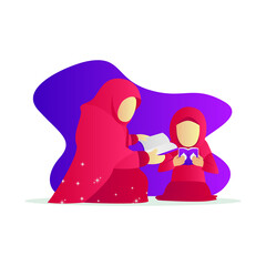 Illustration mother and kid girl together reading quran design isolated on white background