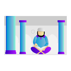 Illustration design muslim man reading quran in mosque