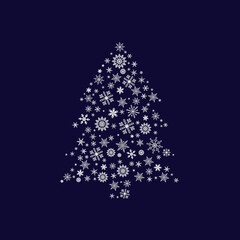 Christmas tree made of silver snowflakes on black background. Vector illustration.