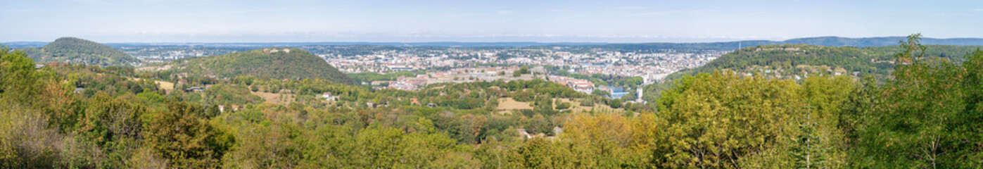 Fototapeta na wymiar Besançon, France - 09 05 2020: Panoramic view of the city and the citadel walls from the Belvedere of Monfaucon