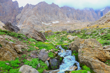 A stream flowing in the mountains and high mountains, landscape, meadows, green nature, sunny day
