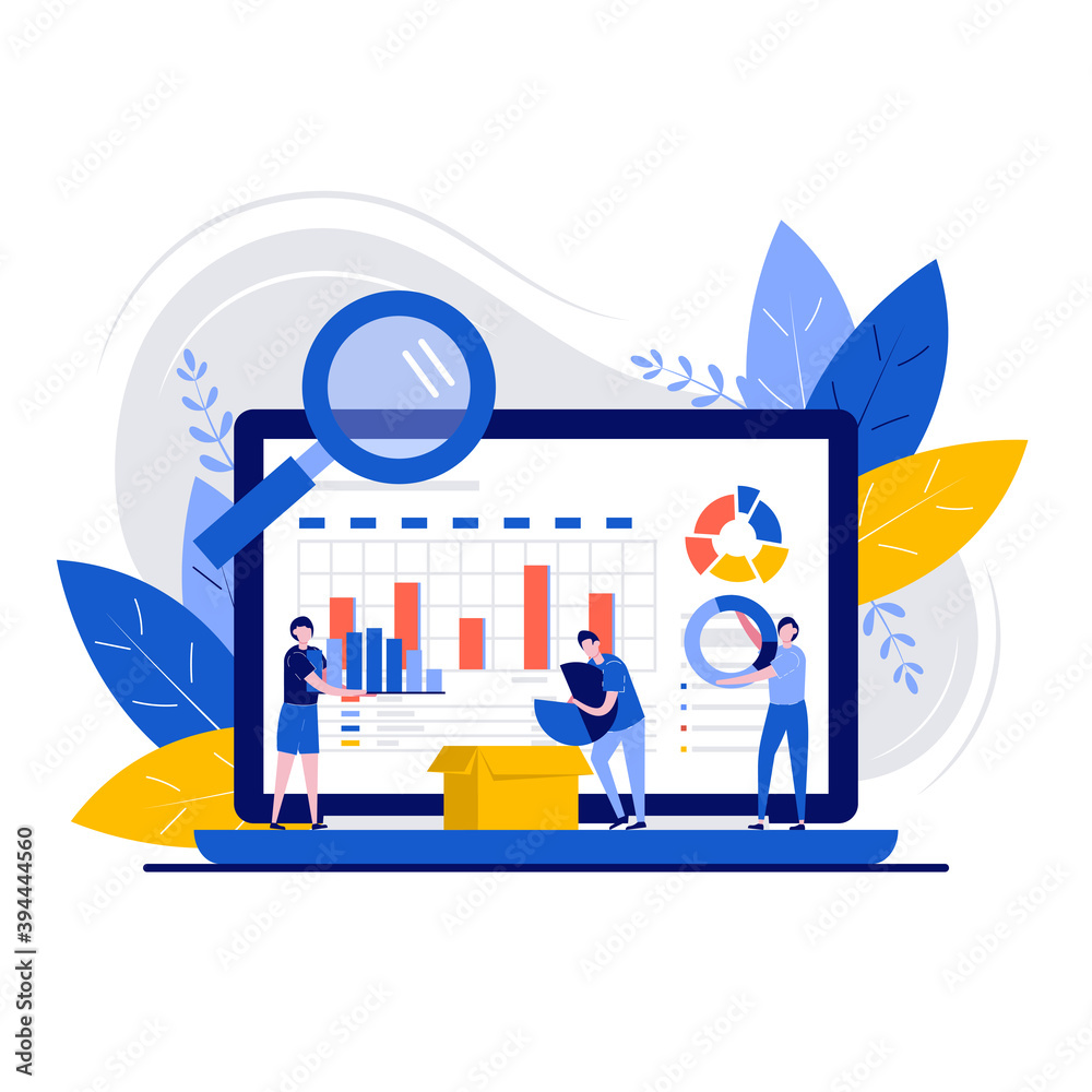 Poster data management concept with character. workflow organization and optimization. digital information 
