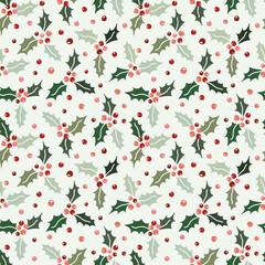 Seamless pattern background with holly berries. Celebrating Christmas pattern. Vector illustration.Flower green and red traditional plants in hand drawing style.