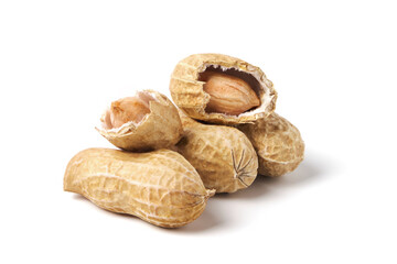 Raw peanuts isolated on white. Heap of groundnuts in a nutshell