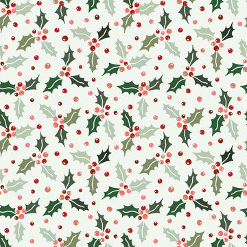 Seamless pattern background with holly berries. Celebrating Christmas pattern. Vector illustration.Flower green and red traditional plants in hand drawing style.