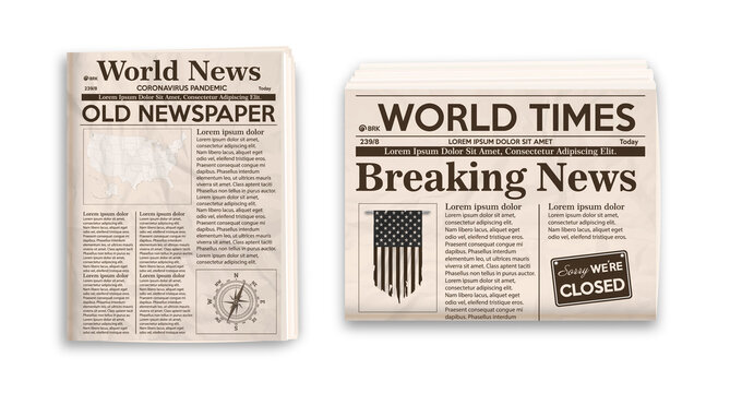 Old newspaper layout. Vertical and horizontal mockup of newspapers isolated on white background.