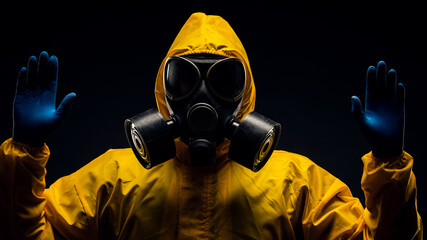 The concept of viral infection security. A man in a protective suit and gas mask