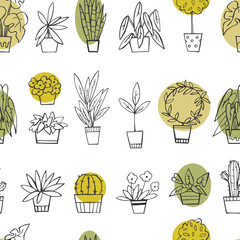 Hand drawn house plants. Vector seamless pattern.