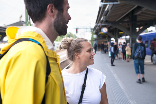 Young couple on train station, Sweden