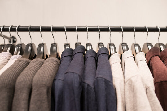 Shirts and sweaters on clothing rack, Sweden