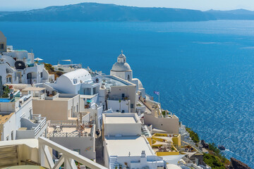 A view over Thira, Santorini towards the southern caldera in summertime