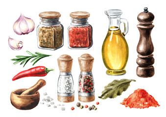 Kitchen herbs and spices set. Olive oil, rosemary, garlic, chili pepper,  bay leaf, peppercorns, mortar and mill. Hand drawn watercolor illustration isolated on white background