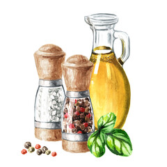 Obraz na płótnie Canvas Kitchen herbs and spices. Olive oil, basil leaf, pepper and salt mill. Hand drawn watercolor illustration isolated on white background