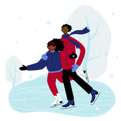 Beautiful Afro american Couple is Skating on the Ice. Men Hugs his Love.