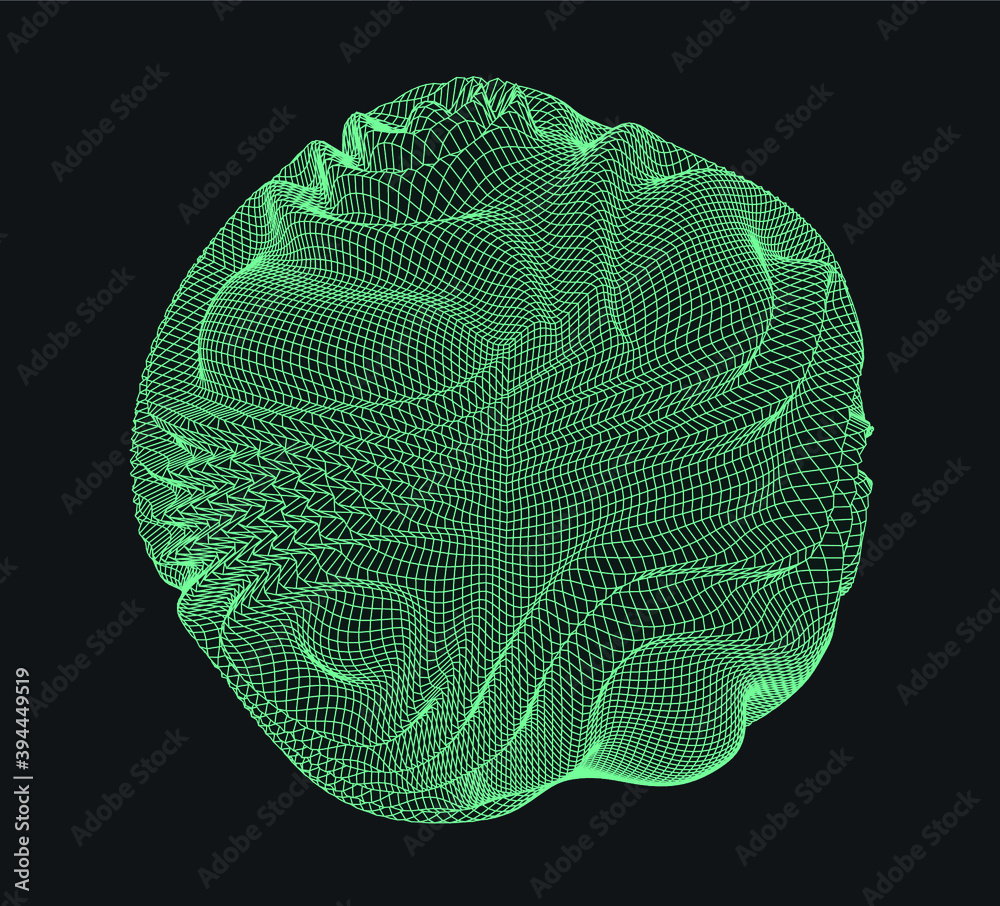 Poster Glitched and distorted sphere, organic morphing 3d blob set. Concept of data visualization, graph of mathematical function, generative computer art.