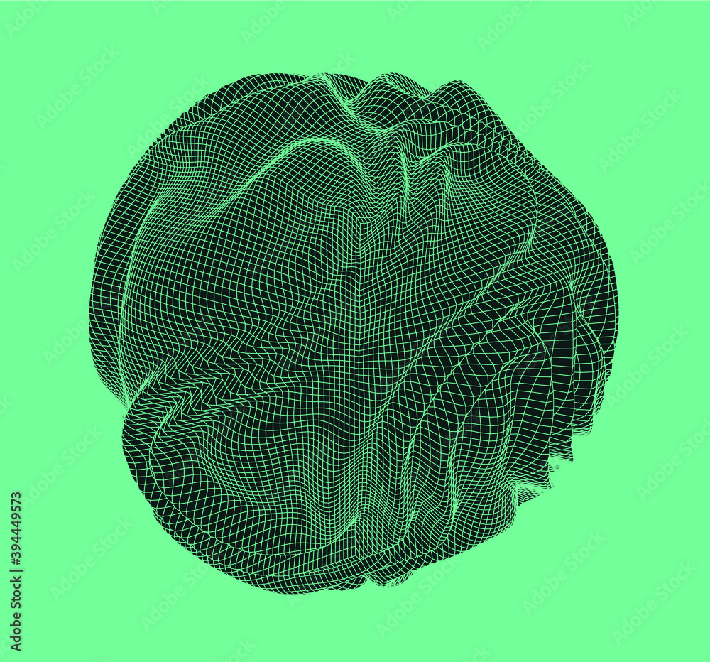 Poster Glitched and distorted sphere, organic morphing 3d blob set. Concept of data visualization, graph of mathematical function, generative computer art.