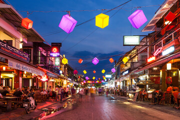 Illuminated city street, Cambodia