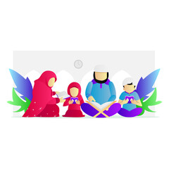 Illustration design muslim family together reading quran