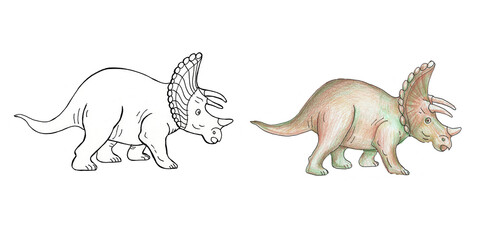 Dinosaur triceratops coloring doodle, outline.  hand-drawn illustration. Print, textiles. Coloring book for children. Sketch, vintage style. Wild prehistoric nature. © Paint_art