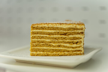Piece of biscuit cake on white plate. Honey cake