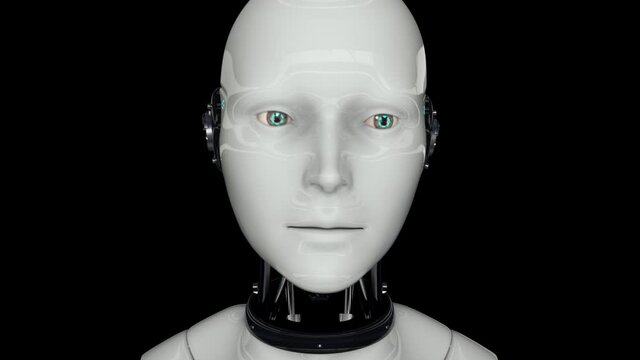 Artificial intelligence. Futuristic humanoid robot is activated, moves its head, eyes and scans the environment.The camera moves away. On a black background. 4K. 3D animation.