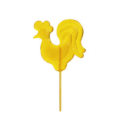 yellow lollipop on a cock-shaped stick on a white background