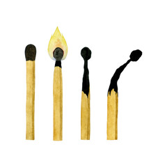 Several watercolor burning matches. Matches isolated on white backgrround. Perfect design element for print, greet card and ets.