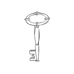 The key - black simple doodle illustration template. Hand drawn art isolated on white background. Perfect for design, icon, coloring book, print, label, sticker