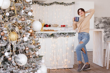 model in the kitchen at Christmas. New Year's mood