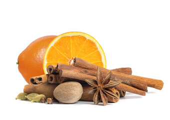 cinnamon sticks nutmeg and ripe orange on a white background