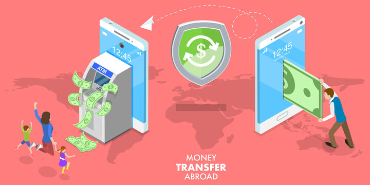 3D Isometric Flat Vector Conceptual Illustration Of Transfer Money Abroad, Sending Money Around The World, Online Banking, Financial Transaction.