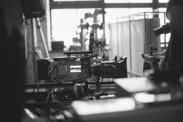 Professional film and video camera on the set. Shooting shift, equipment and group.