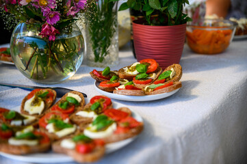 Cakes and snacks on the festive table.